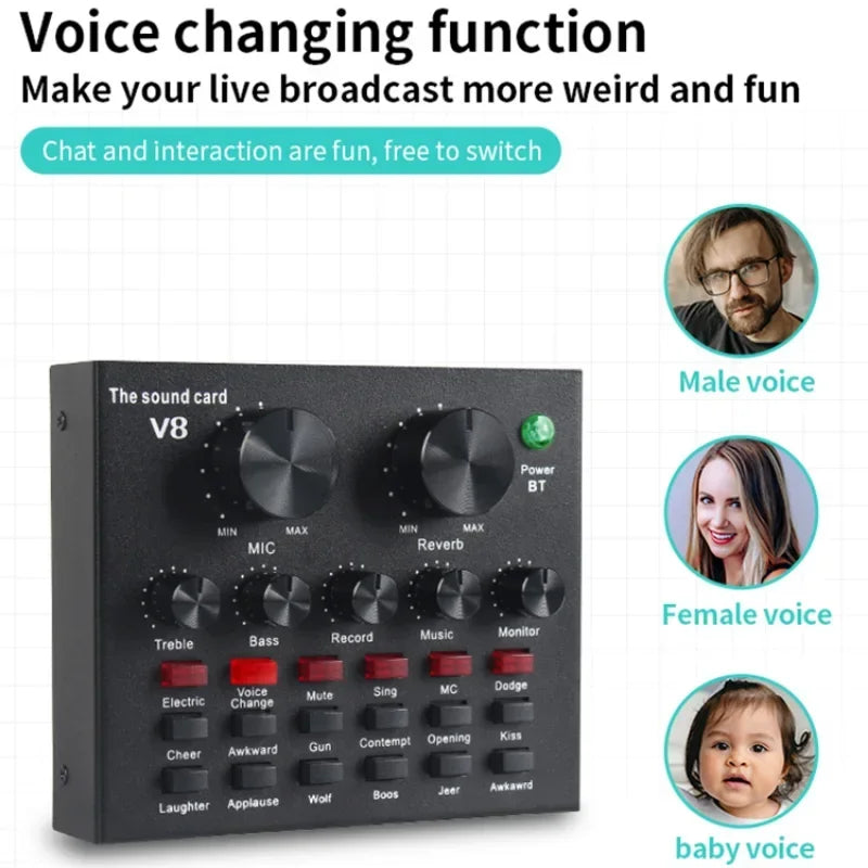 V8 Professional Sound Card Streaming Live Broadcast Podcast Recording Studio Equipment Voice Changer Audio Interface SoundCard