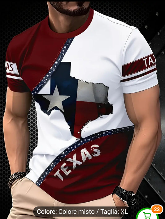 1pc T-shirt casual da uomo con stampa della bandiera del Texas, girocollo, tessuto